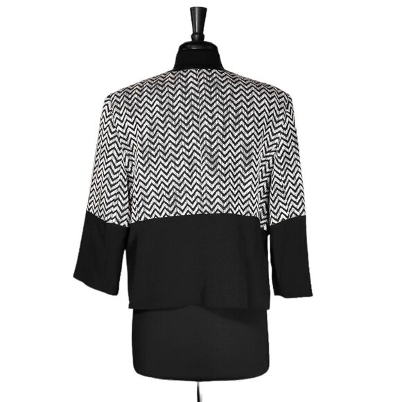 Kasper Womens Jacket Black White Geometric Faux Leather Open Front Lined Size 16 - Picture 2 of 8